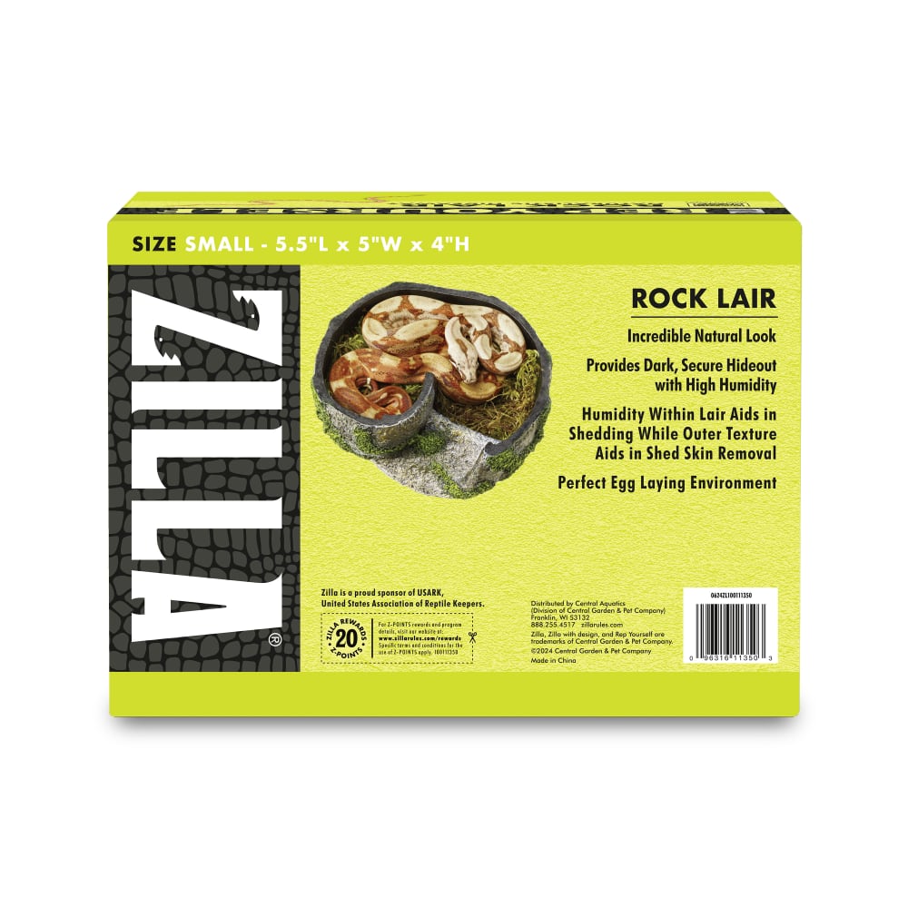 Back of retail package for Zilla small Rock Lair