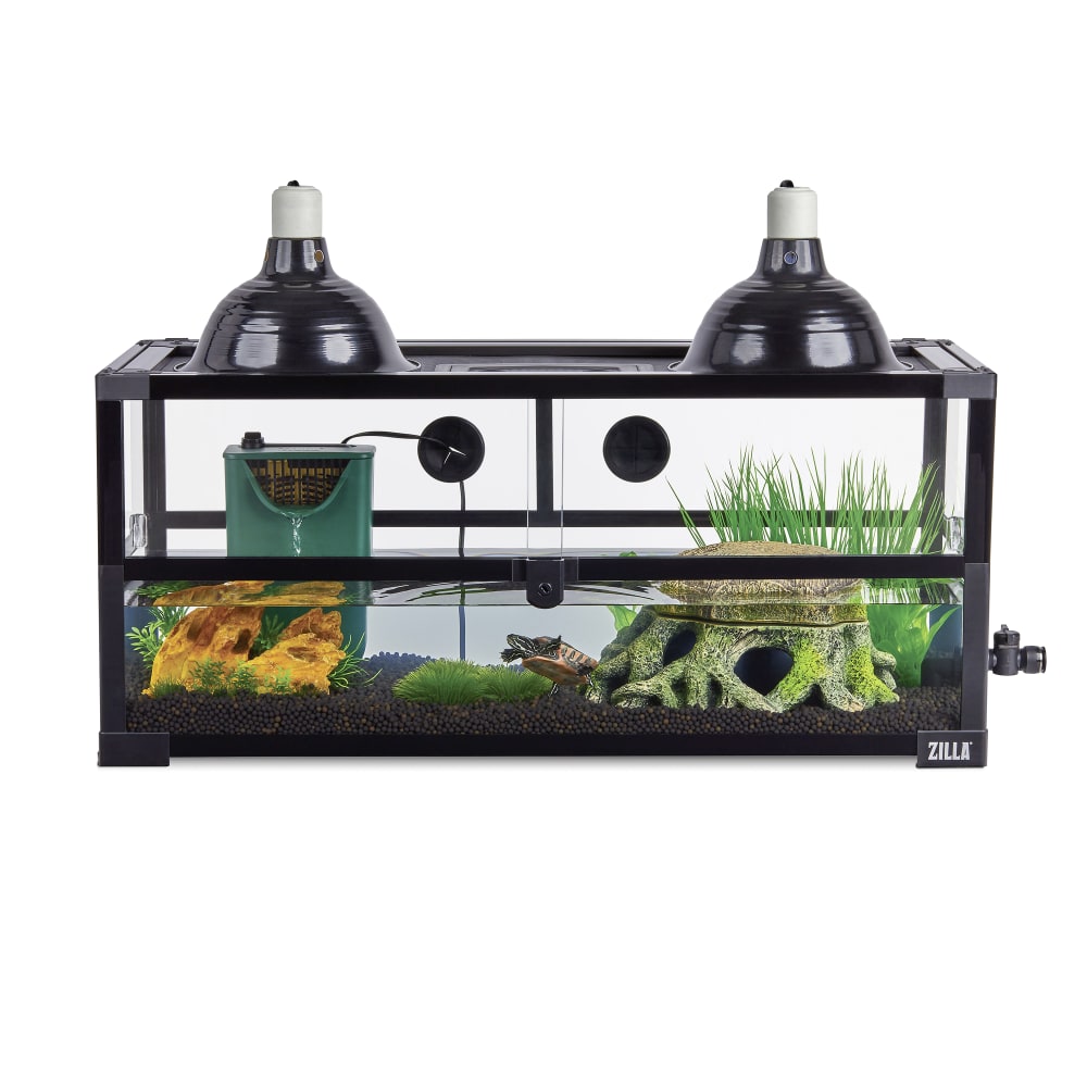 Zilla aquatic turtle quickbuild terrarium filled with water, dÃ©cor and water filter